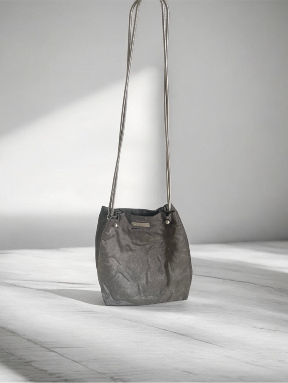 Vintage 90’s Krizia Charcoal Satin Shoulder Bag with Metal Straps
